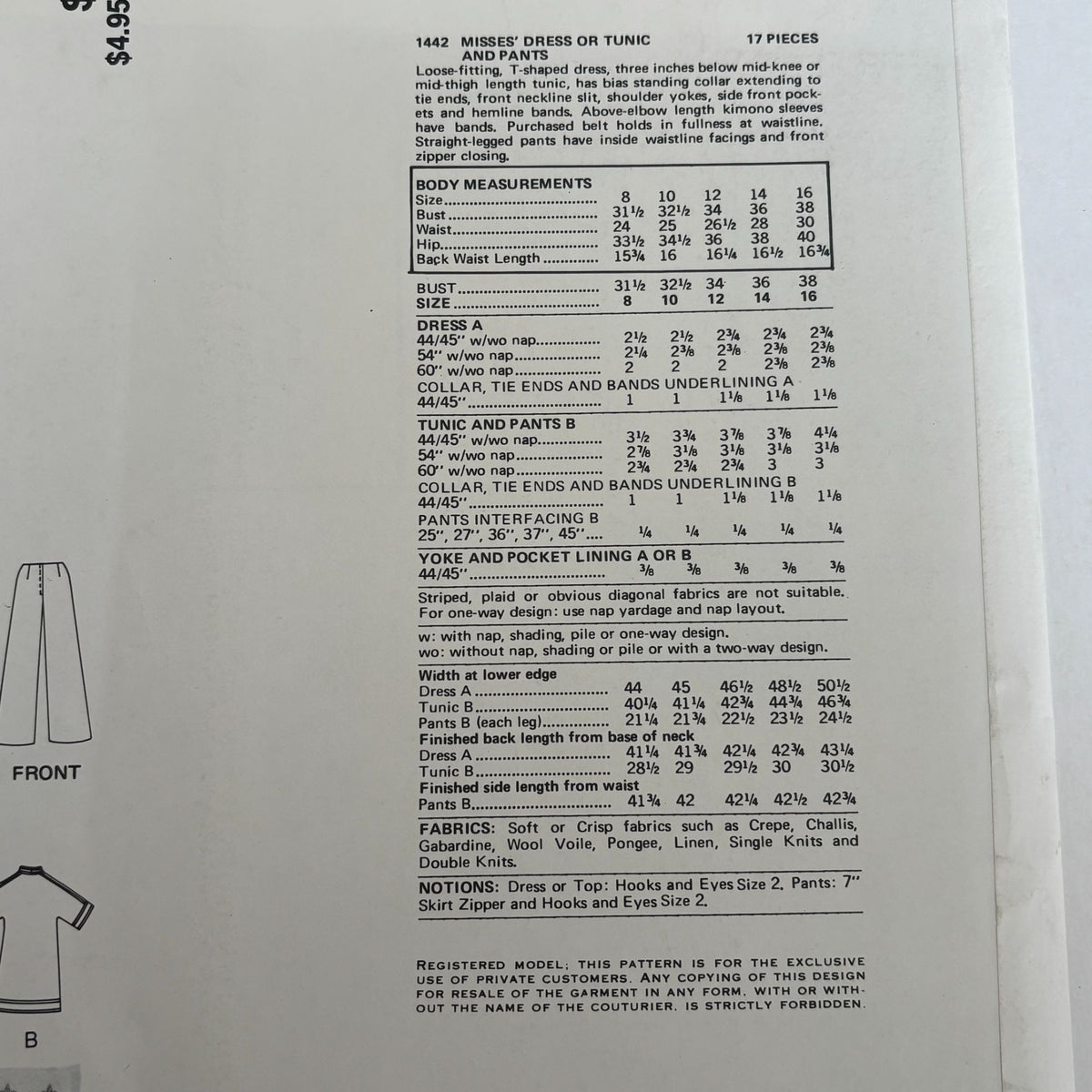 Vogue Sewing Pattern 1442 Paris Original Givenchy 1970s Dress Tunic Pants 10 UC