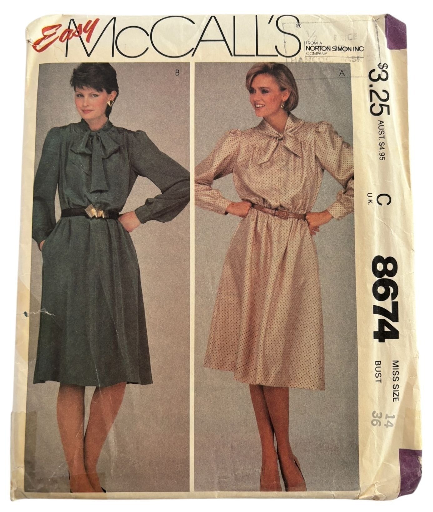 McCalls Sewing Pattern 8674 Dress Vintage Buttoned Bodice Tie Collar 1980s 14 UC