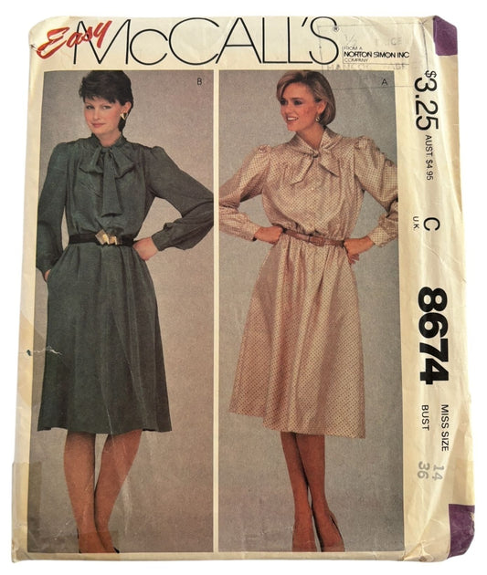 McCalls Sewing Pattern 8674 Dress Vintage Buttoned Bodice Tie Collar 1980s 14 UC