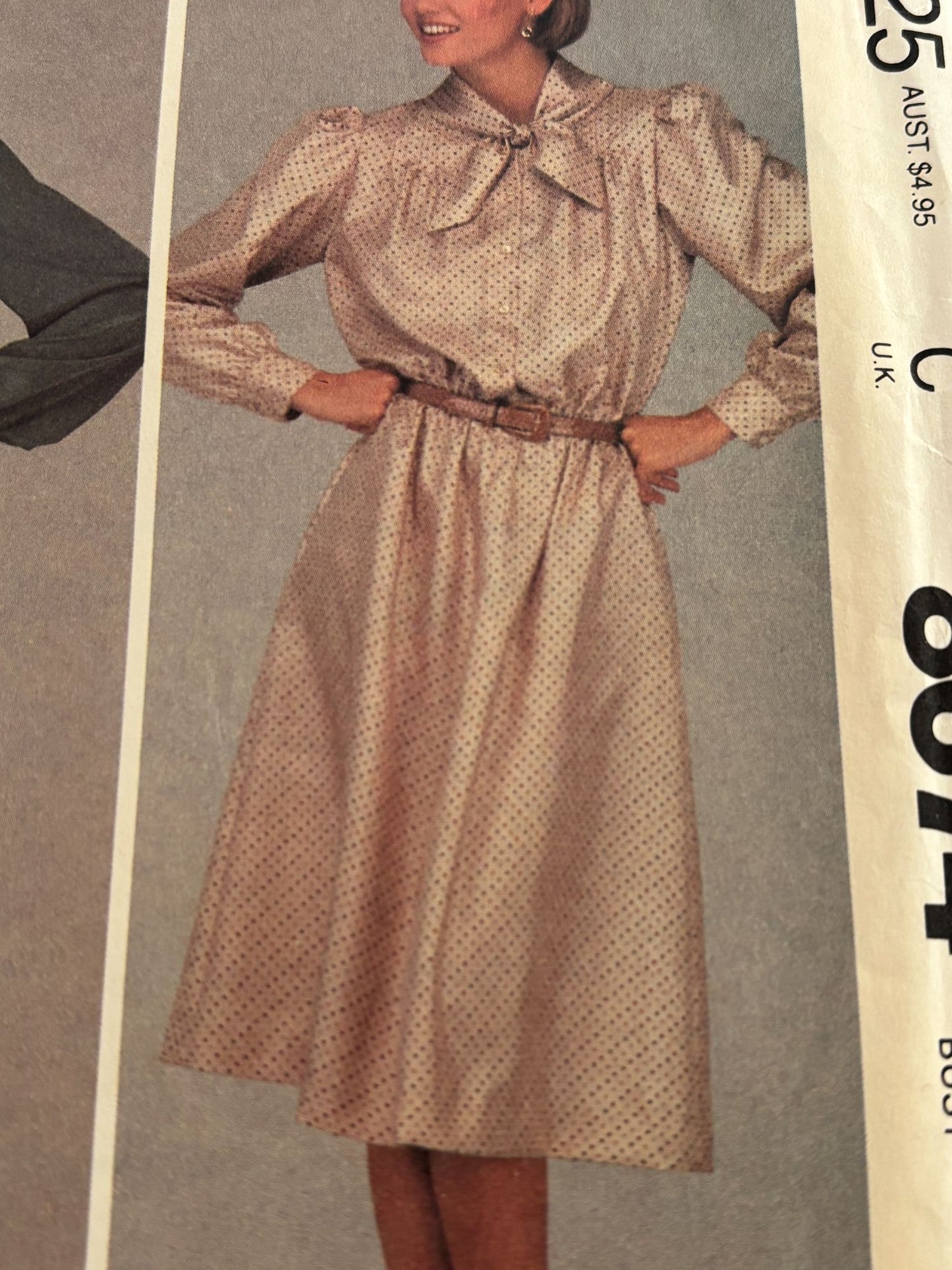 McCalls Sewing Pattern 8674 Dress Vintage Buttoned Bodice Tie Collar 1980s 14 UC