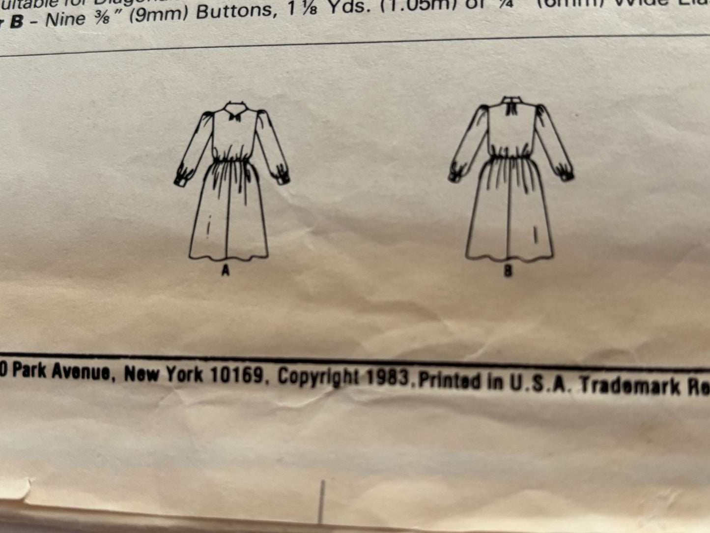McCalls Sewing Pattern 8674 Dress Vintage Buttoned Bodice Tie Collar 1980s 14 UC