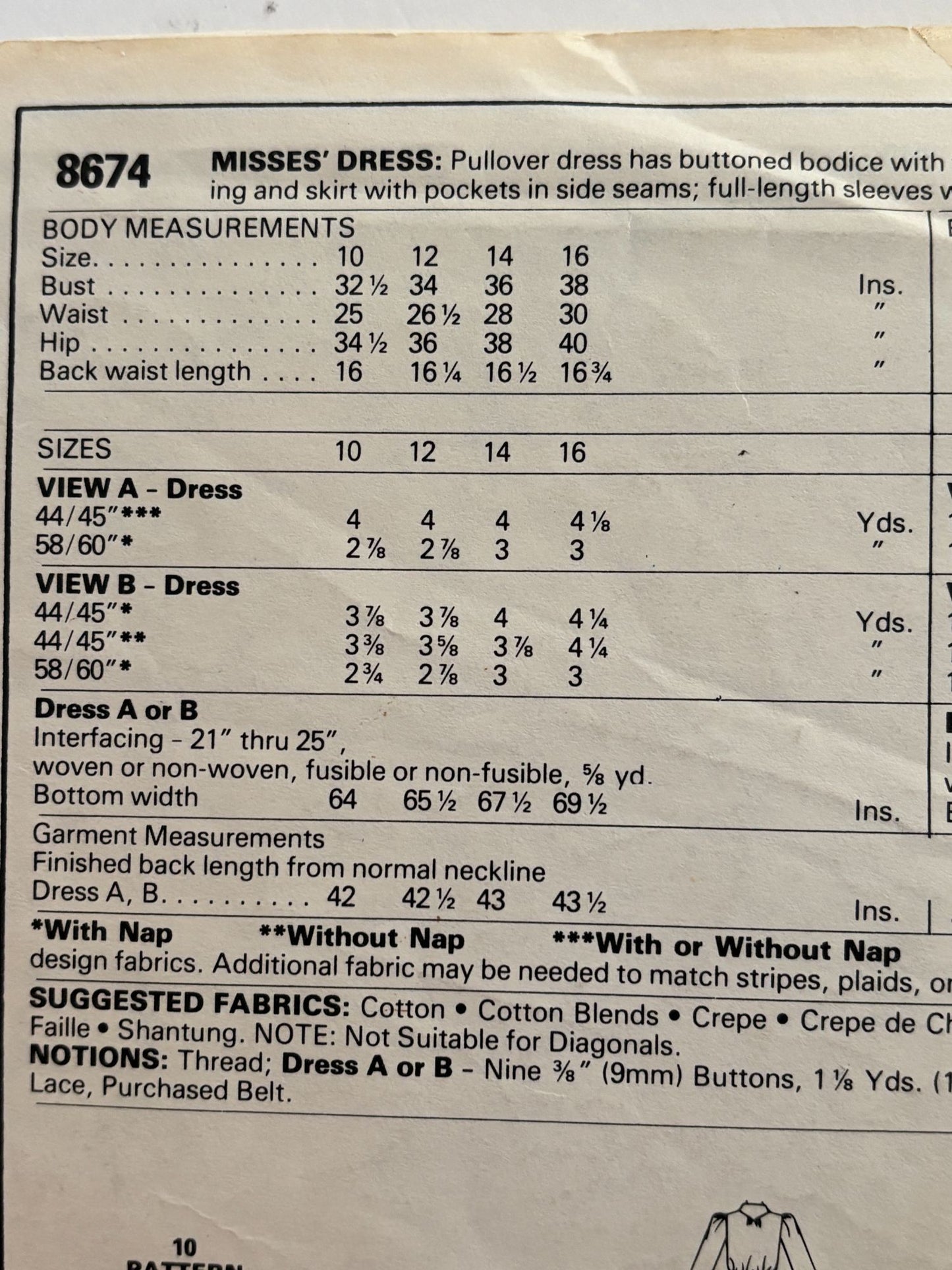McCalls Sewing Pattern 8674 Dress Vintage Buttoned Bodice Tie Collar 1980s 14 UC