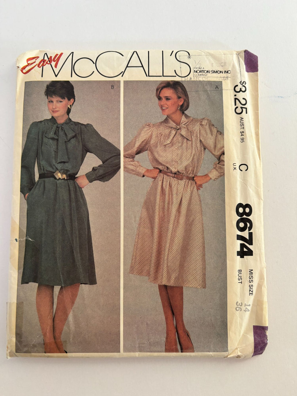 McCalls Sewing Pattern 8674 Dress Vintage Buttoned Bodice Tie Collar 1980s 14 UC