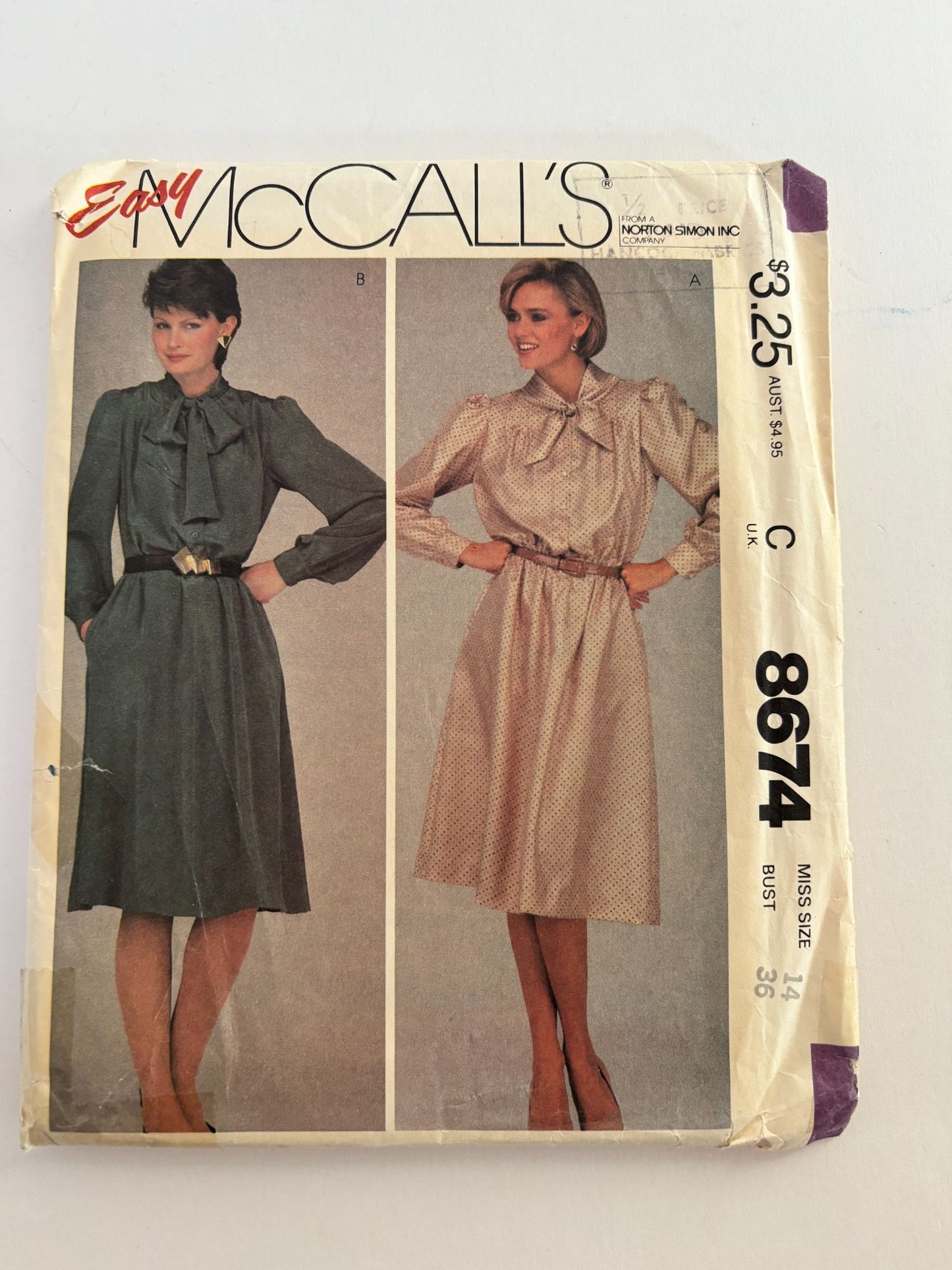 McCalls Sewing Pattern 8674 Dress Vintage Buttoned Bodice Tie Collar 1980s 14 UC