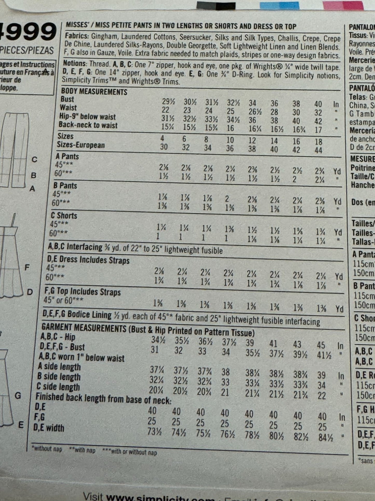 Simplicity Sewing Pattern 4999 Easy to Sew Pants Shorts Dress Top Outfit 12-18