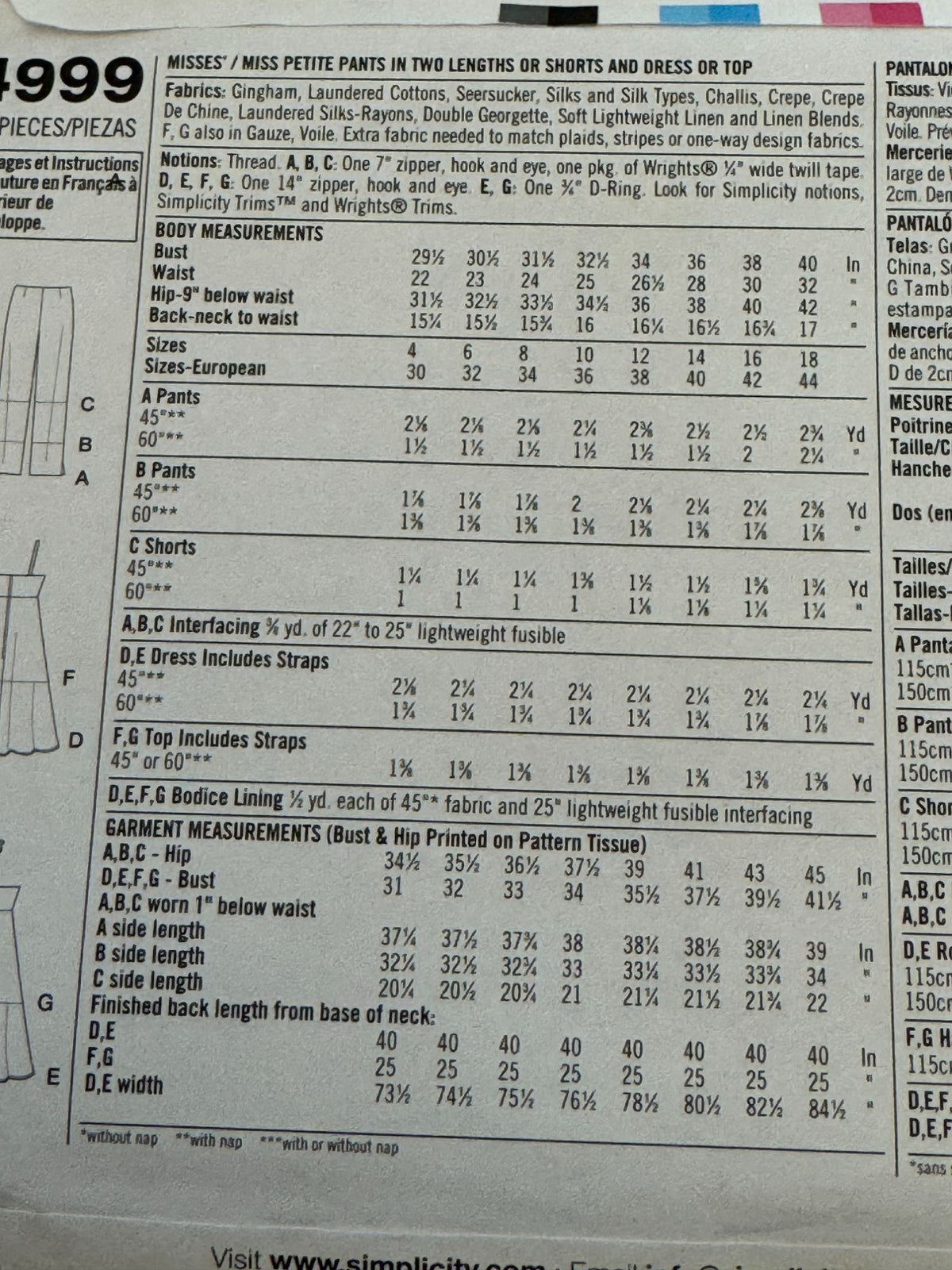 Simplicity Sewing Pattern 4999 Easy to Sew Pants Shorts Dress Top Outfit 12-18