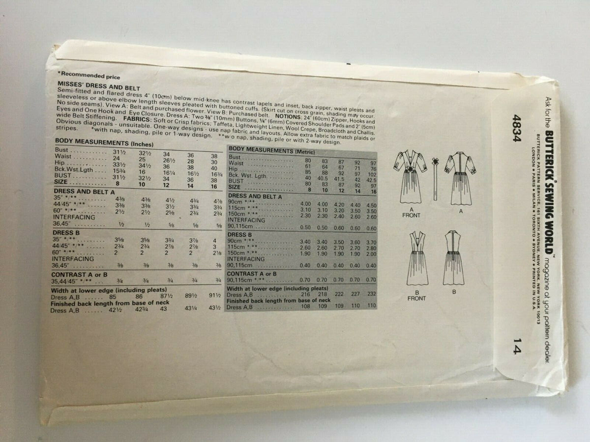 Butterick Sewing Pattern 4834 Flared Dress Career 14 Retro 1980s Vintage Uncut
