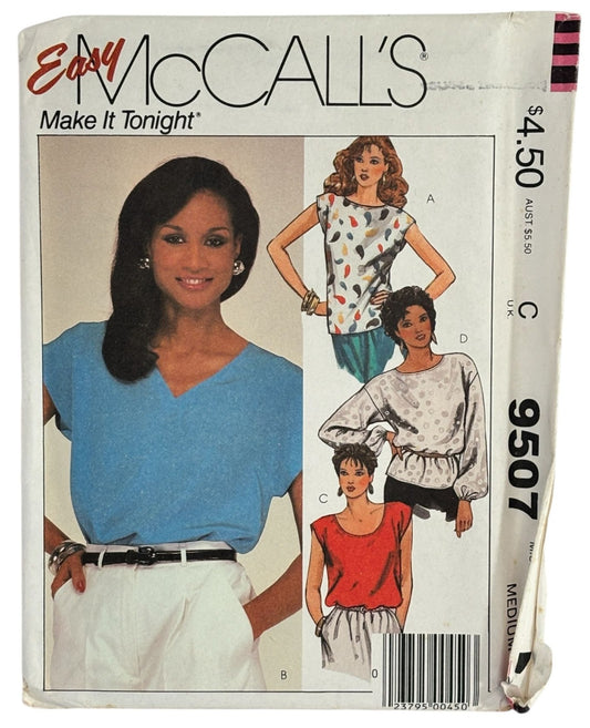McCalls Sewing Pattern 9507 Pullover Top Shirt Blouse Easy 1980s 14 16 Uncut