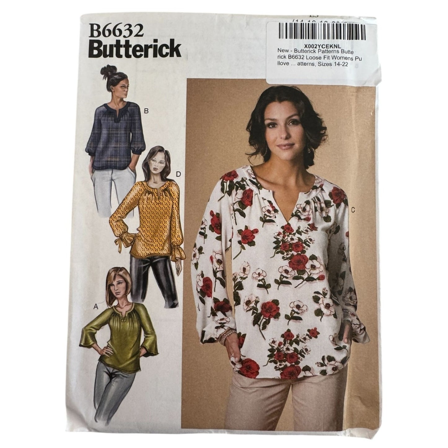 Butterick B6632 Boho Peasant Blouse Sewing Pattern Uncut Tunic Raglan Sleeve Top 14-22
