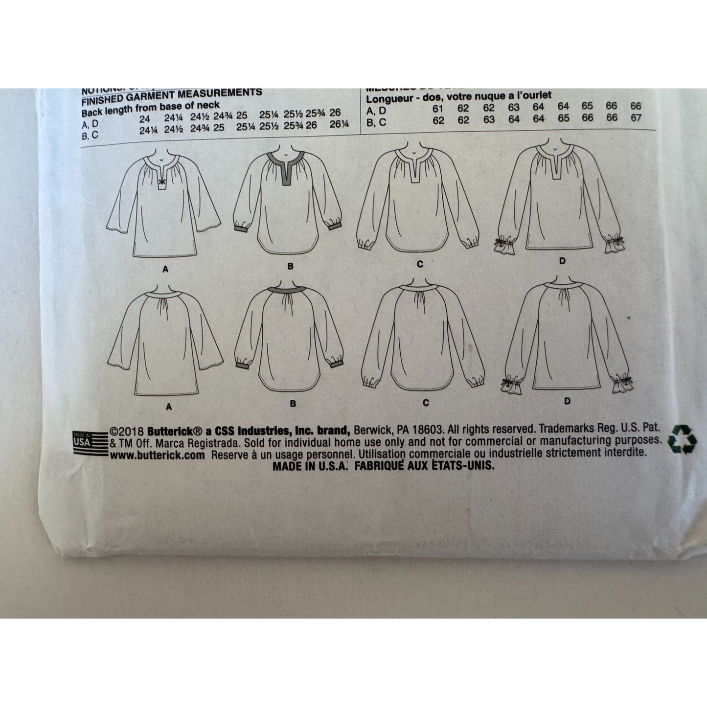 Butterick B6632 Boho Peasant Blouse Sewing Pattern Uncut Tunic Raglan Sleeve Top 14-22