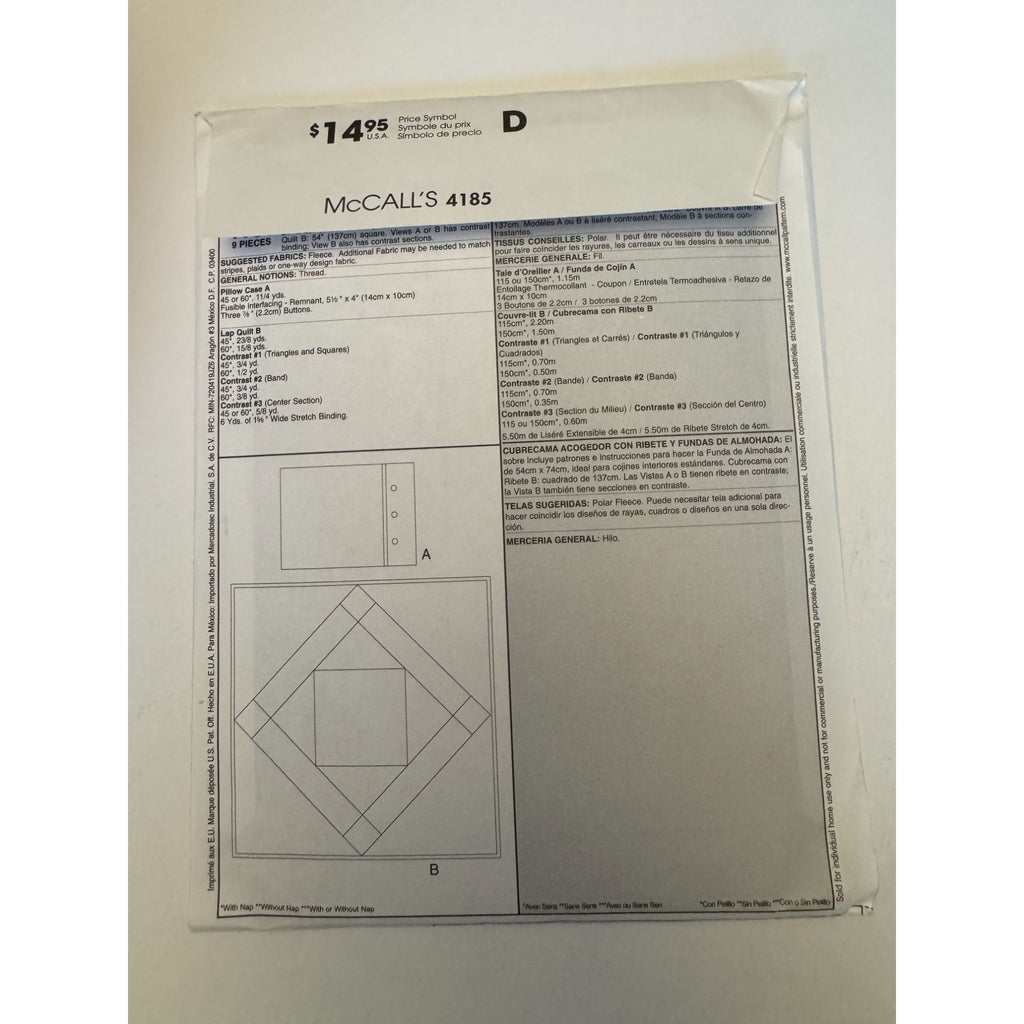 McCalls Sewing Pattern 4185 Lap Quilt Fleece Blanket Pillow Case Kids Travel UC