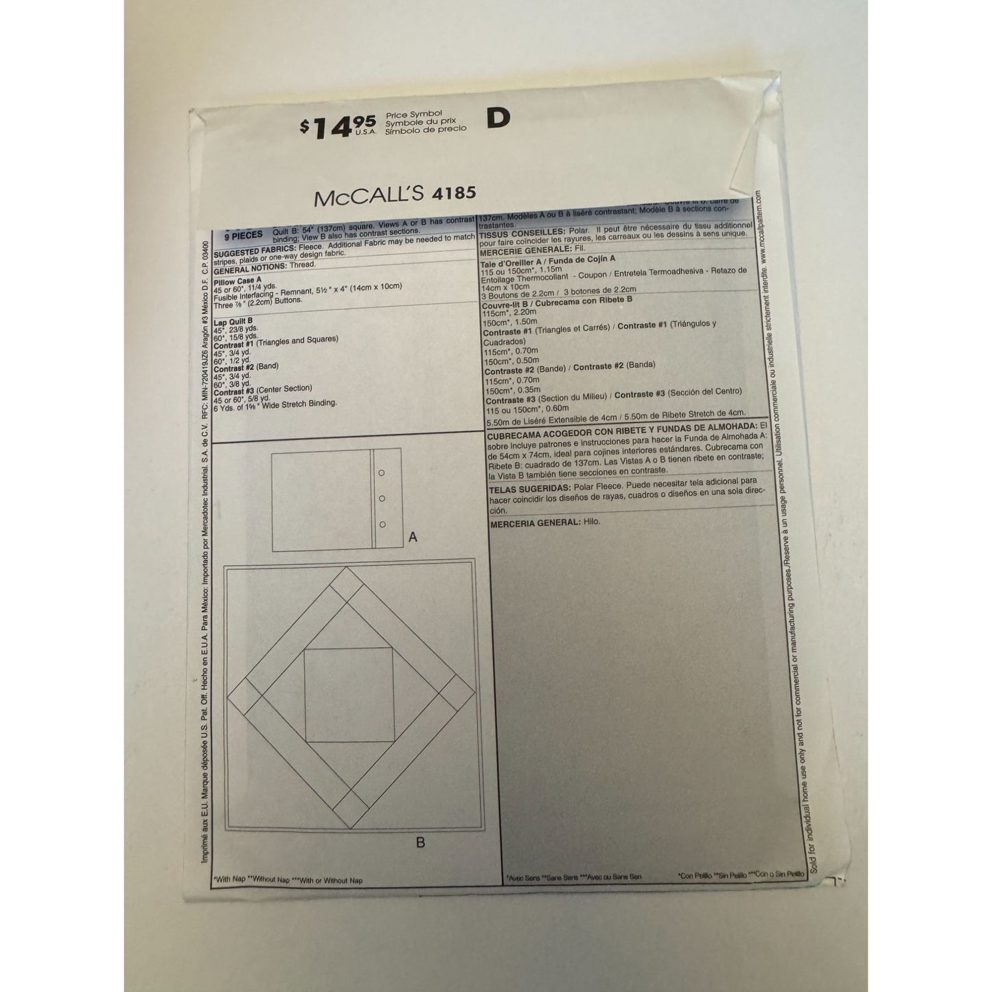 McCalls Sewing Pattern 4185 Lap Quilt Fleece Blanket Pillow Case Kids Travel UC
