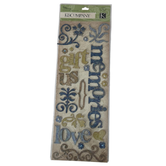 K Company Blue Awning Adhesive Chipboard Words Swirls Scrapbooking Memories Love