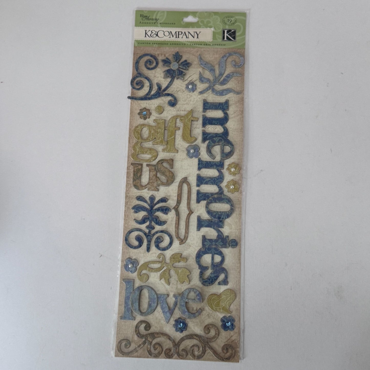 K Company Blue Awning Adhesive Chipboard Words Swirls Scrapbooking Memories Love