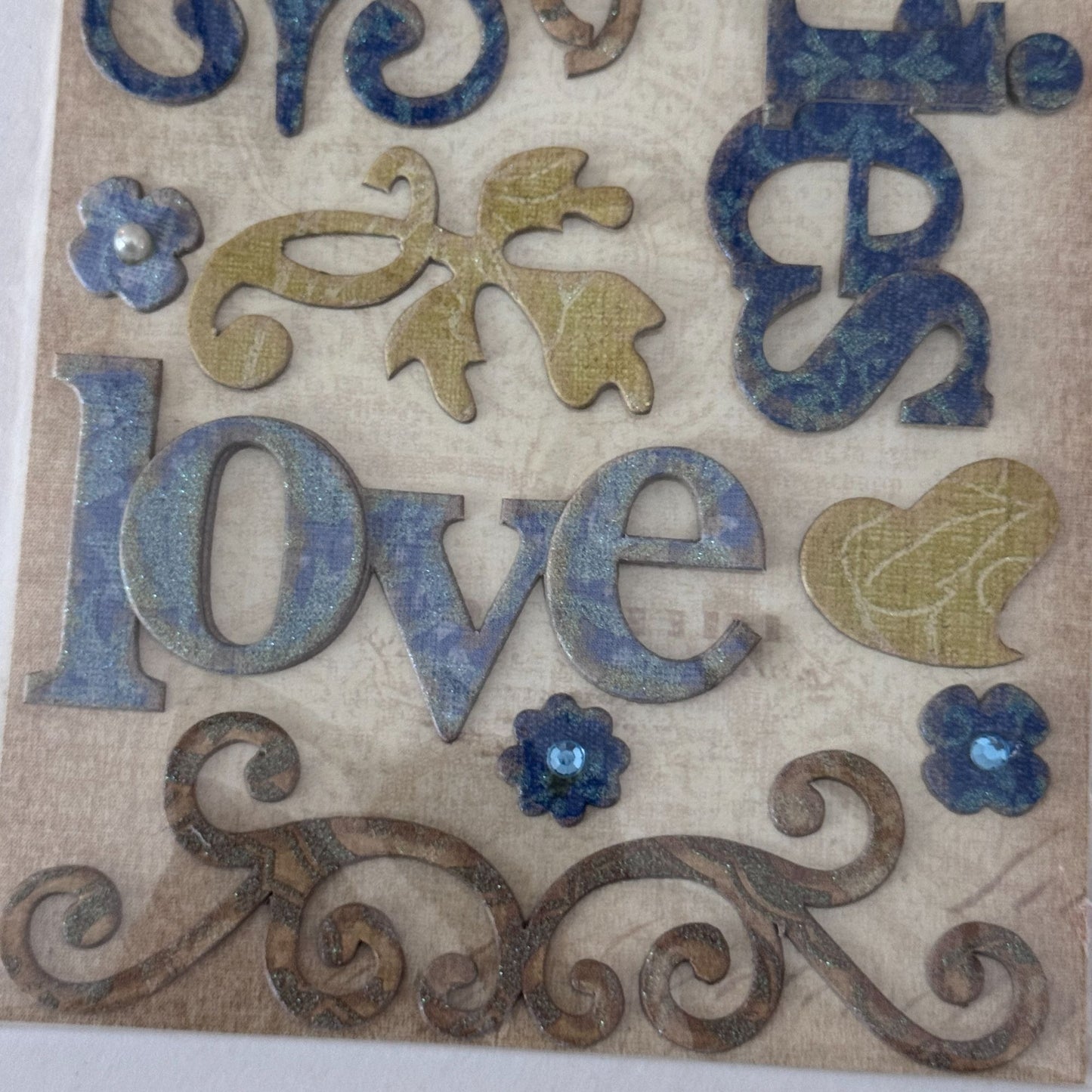 K Company Blue Awning Adhesive Chipboard Words Swirls Scrapbooking Memories Love