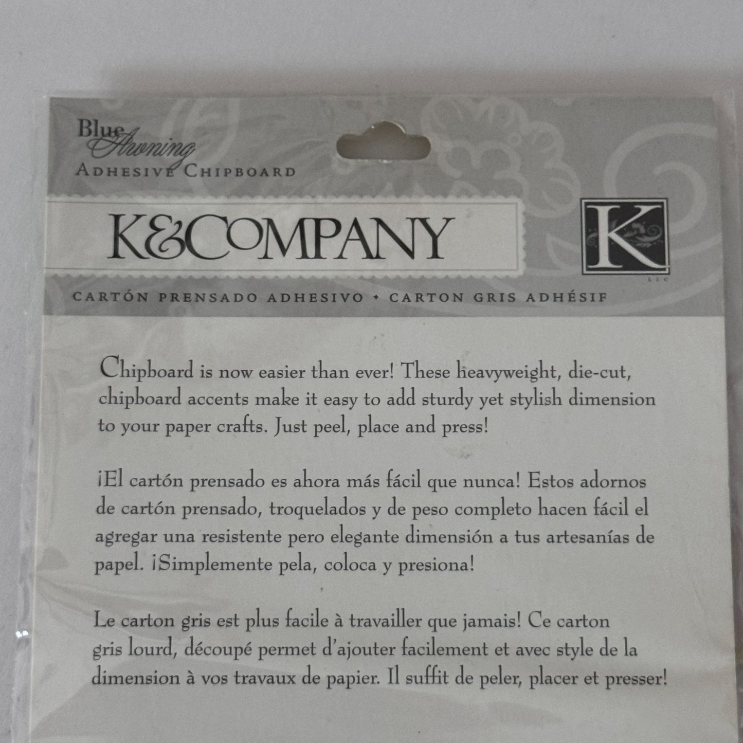 K Company Blue Awning Adhesive Chipboard Words Swirls Scrapbooking Memories Love