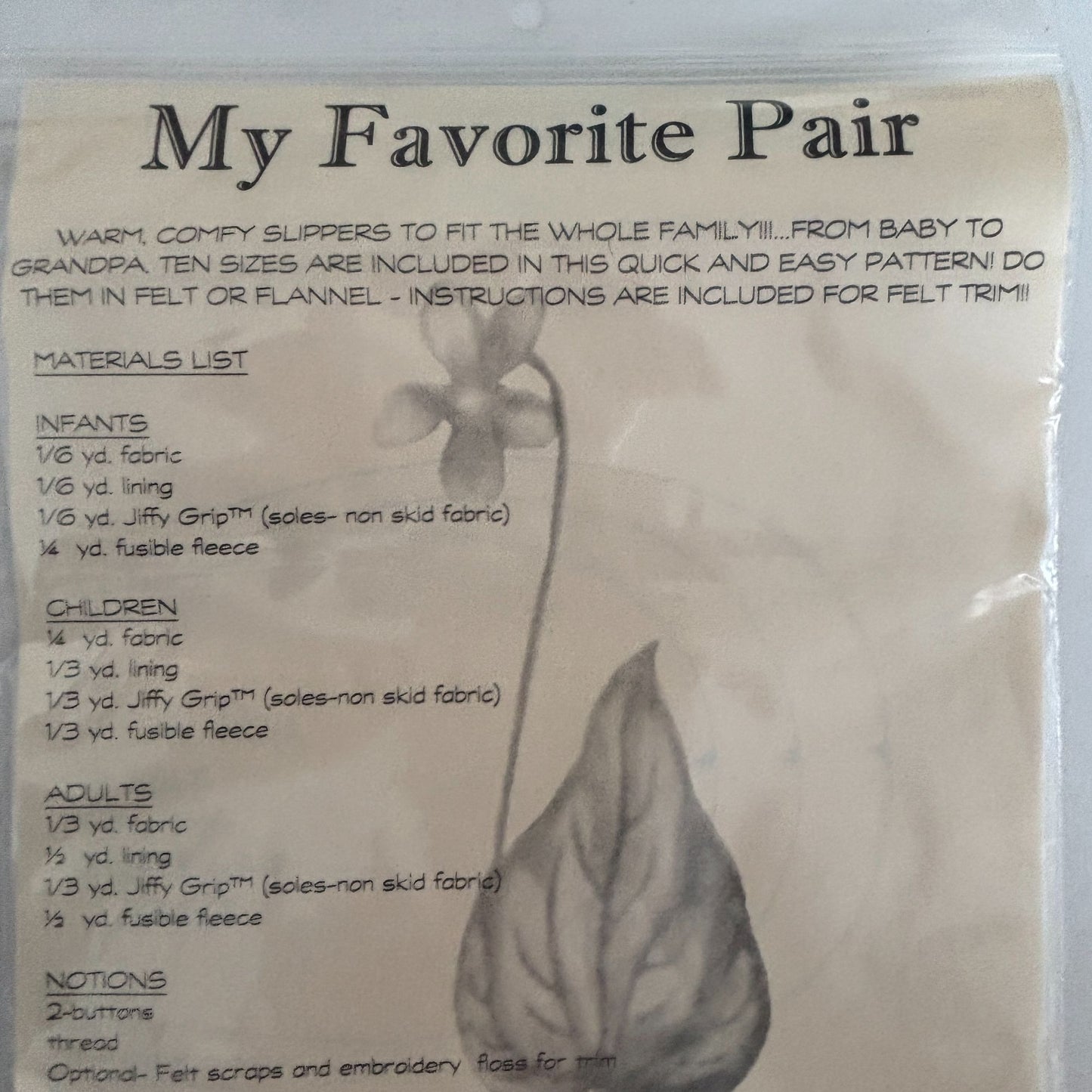 Favorite Things Sewing Pattern 037 Slippers Family Sizes Baby to Adult All Ages