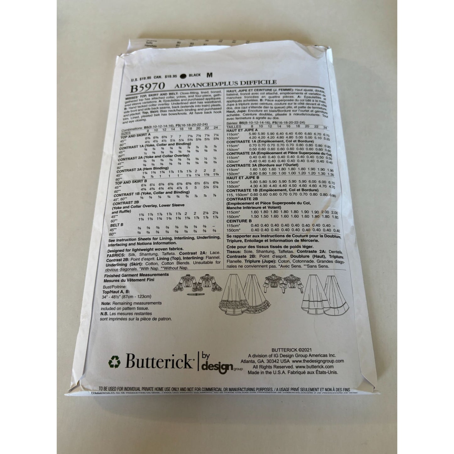 Butterick Sewing Pattern B5970 Historical Victorian Costume Top Skirt 16-24 UC