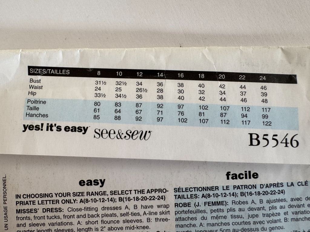 Butterick Sewing Pattern B5546 Wrap Dress 2010s Modern Classic 8–14 Easy Uncut
