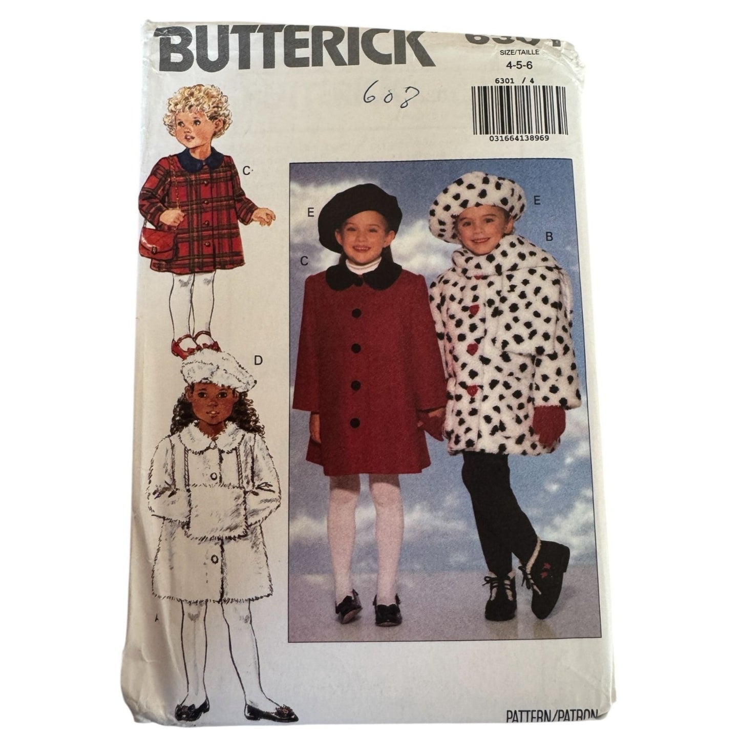 Vintage Girls Coat Sewing Pattern Butterick 6301 Beret Scarf Muff 4-6 90s Uncut
