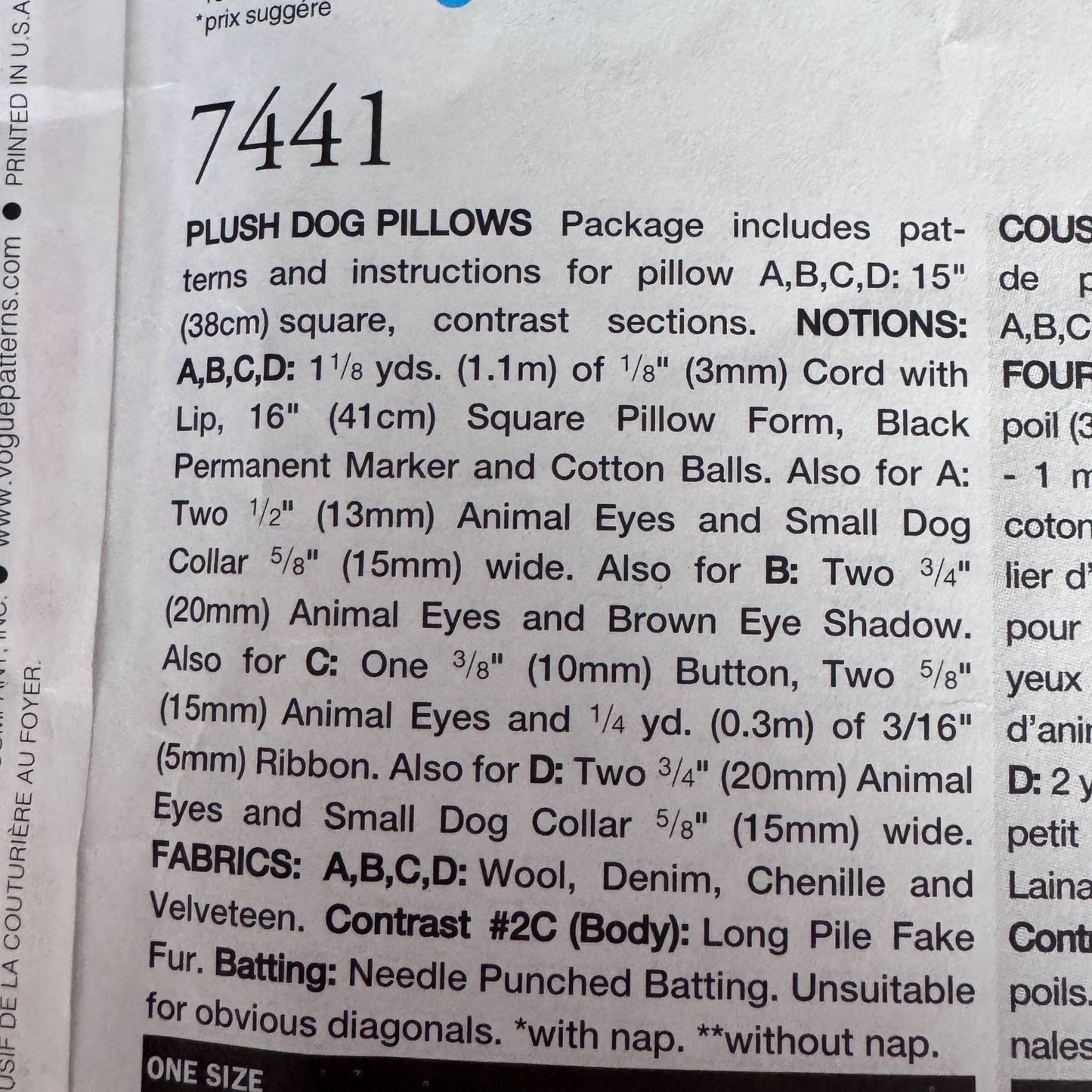 Vogue Sewing Pattern 7441 Dog Pillow Plush Animal Cushion Home Decor Uncut Square Pillows