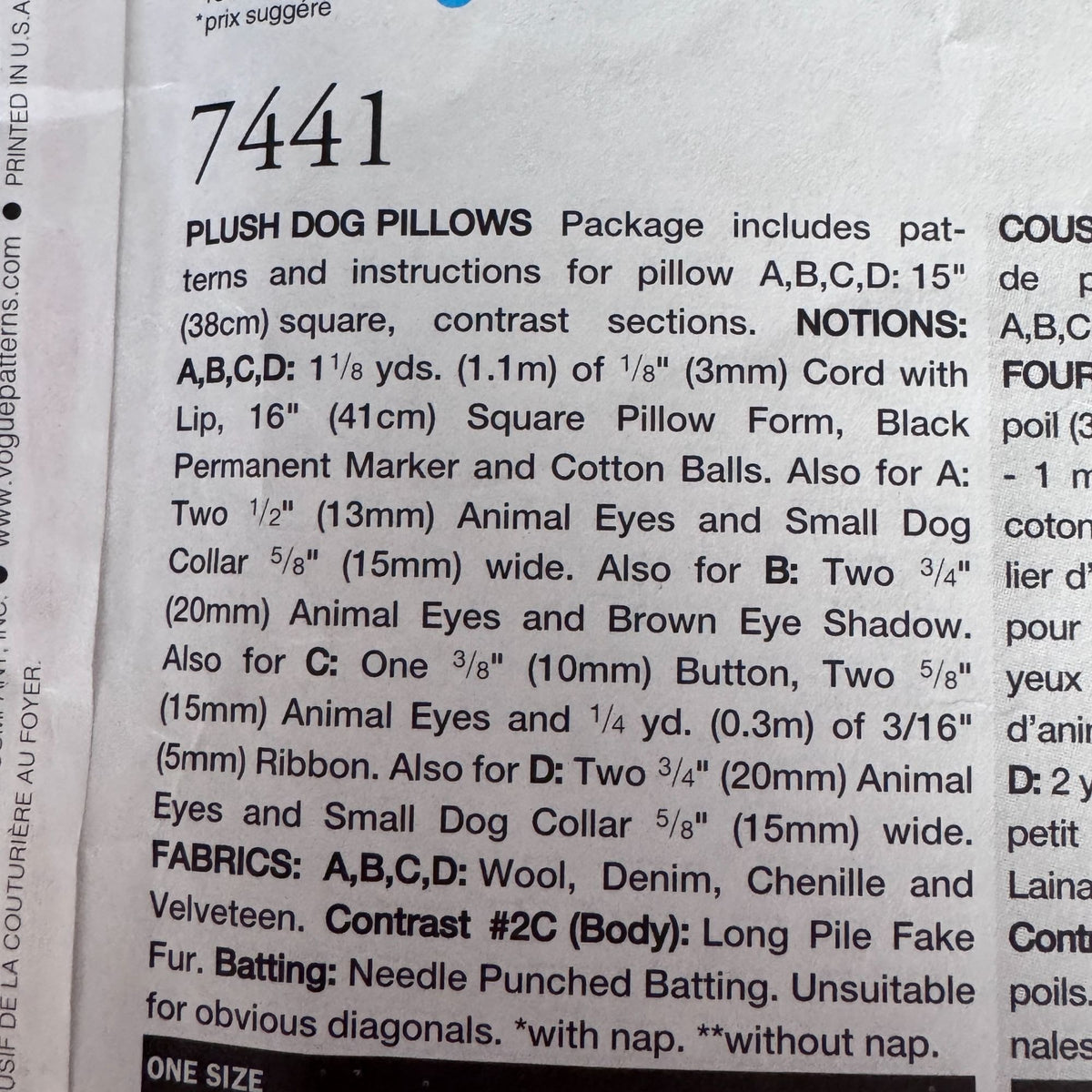 Vogue Sewing Pattern 7441 Dog Pillow Plush Animal Cushion Home Decor Uncut Square Pillows
