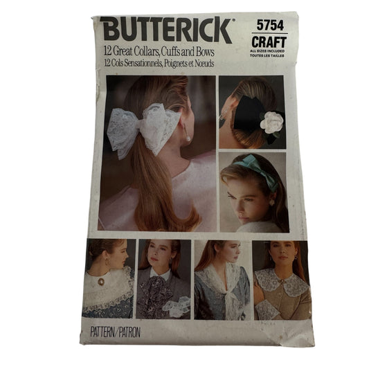 Butterick Sewing Pattern 5754 Neck Collars Cuffs Hair Bows 1980s Craft Uncut