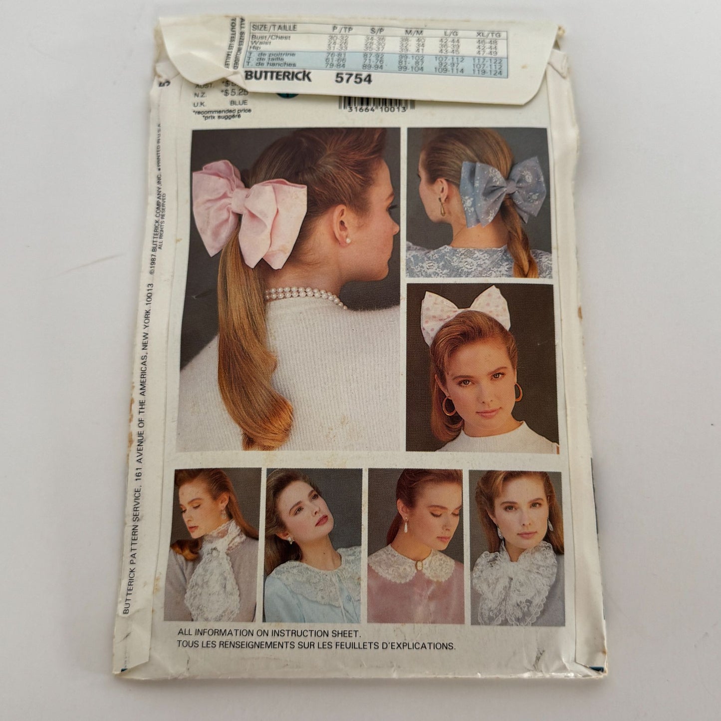 Butterick Sewing Pattern 5754 Neck Collars Cuffs Hair Bows 1980s Craft Uncut