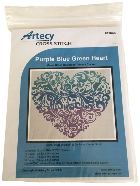 Artecy Counted Cross Stitch Pattern Purple Blue Green Heart Love Swirl Modern Romantic 11648