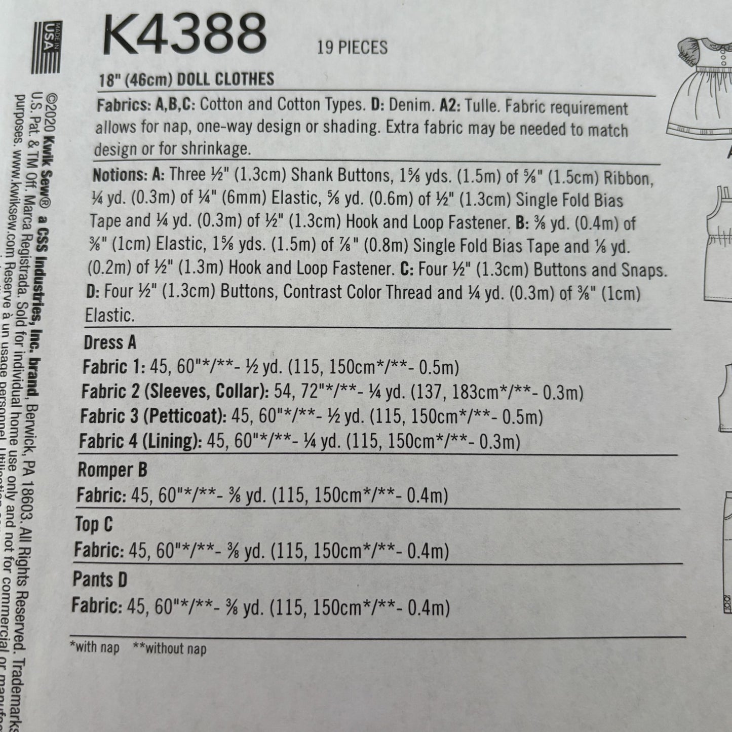 Kwik Sew Sewing Pattern K4388 18 Inch Doll Clothes Clothing Dress Romper Outfit