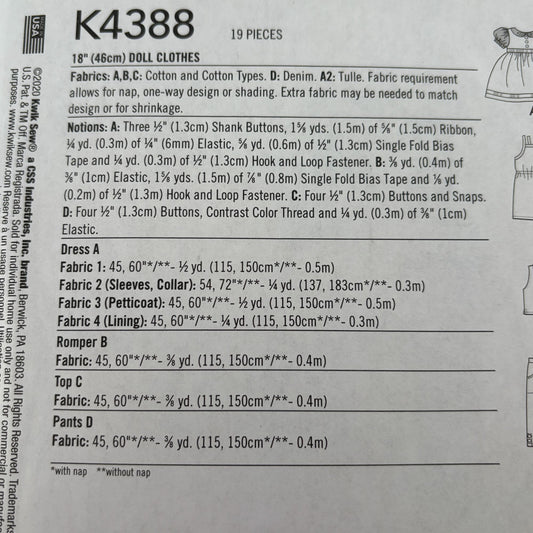 Kwik Sew Sewing Pattern K4388 18 Inch Doll Clothes Clothing Dress Romper Outfit