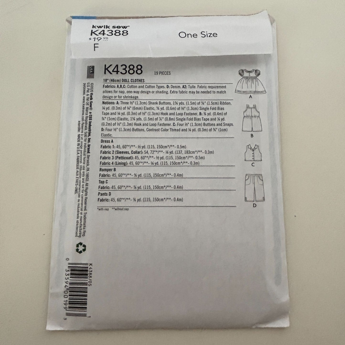 Kwik Sew Sewing Pattern K4388 18 Inch Doll Clothes Clothing Dress Romper Outfit