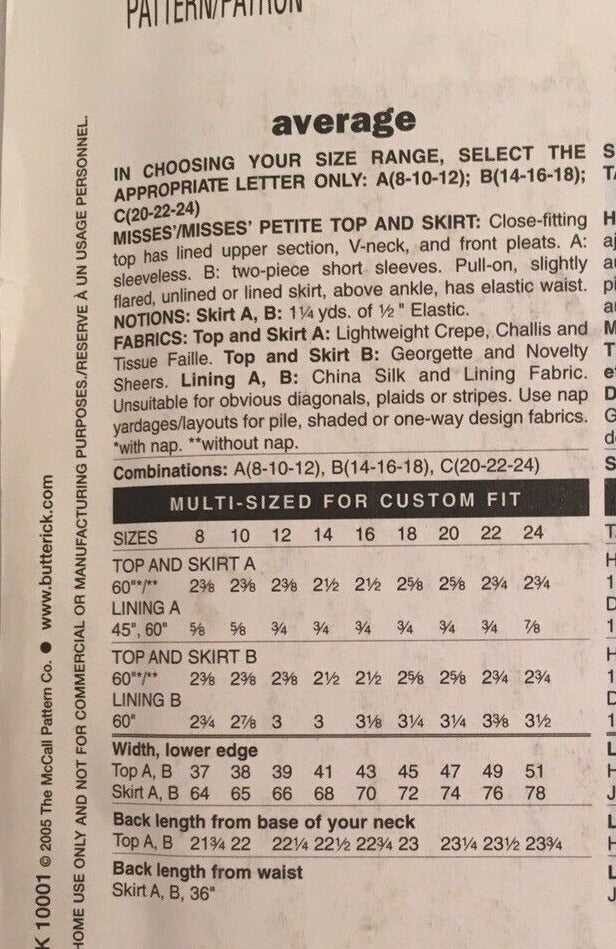 Butterick Sewing Pattern B4494 Summer Top Skirt Minimalist Easy Y2K 14 16 18 UC