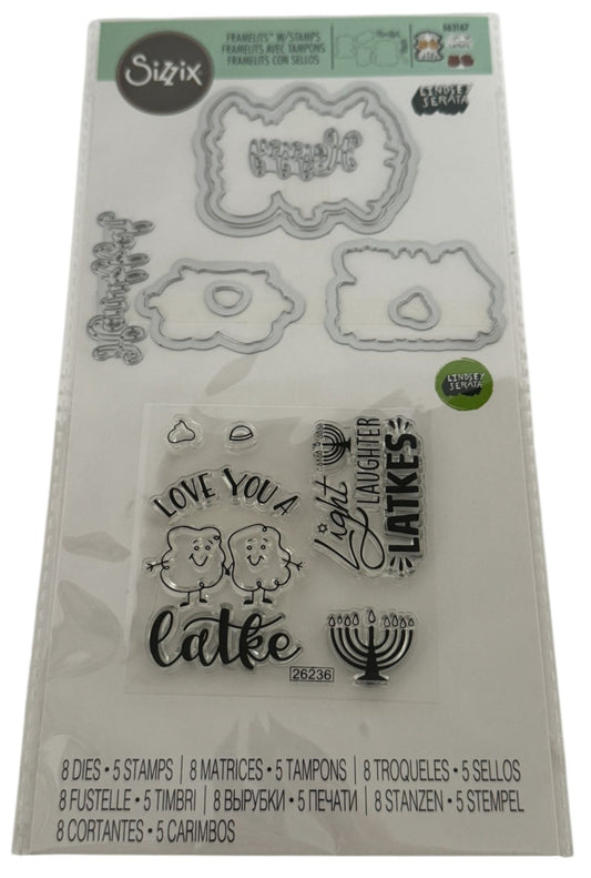 Sizzix Framelits 8 Dies 5 Stamps Love You a Latke Pun Hanukkah Cardmaking 663167