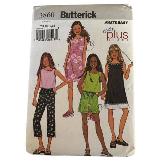 Y2K Girls Dress Sewing Pattern Butterick 3860 Early 2000s Kids Outfit Top Shorts Pants  Girls Sizes 7-14