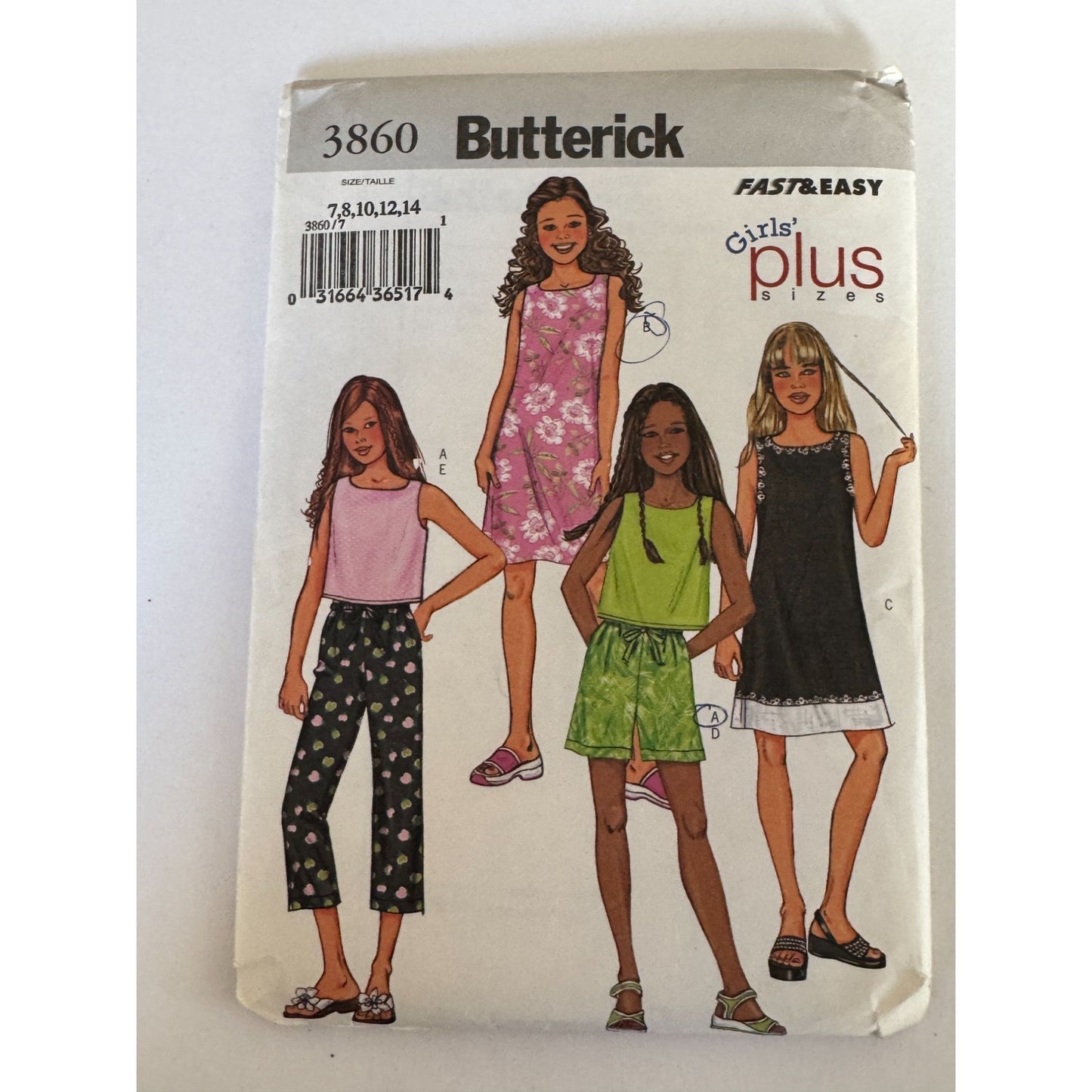 Y2K Girls Dress Sewing Pattern Butterick 3860 Early 2000s Kids Outfit Top Shorts Pants  Girls Sizes 7-14