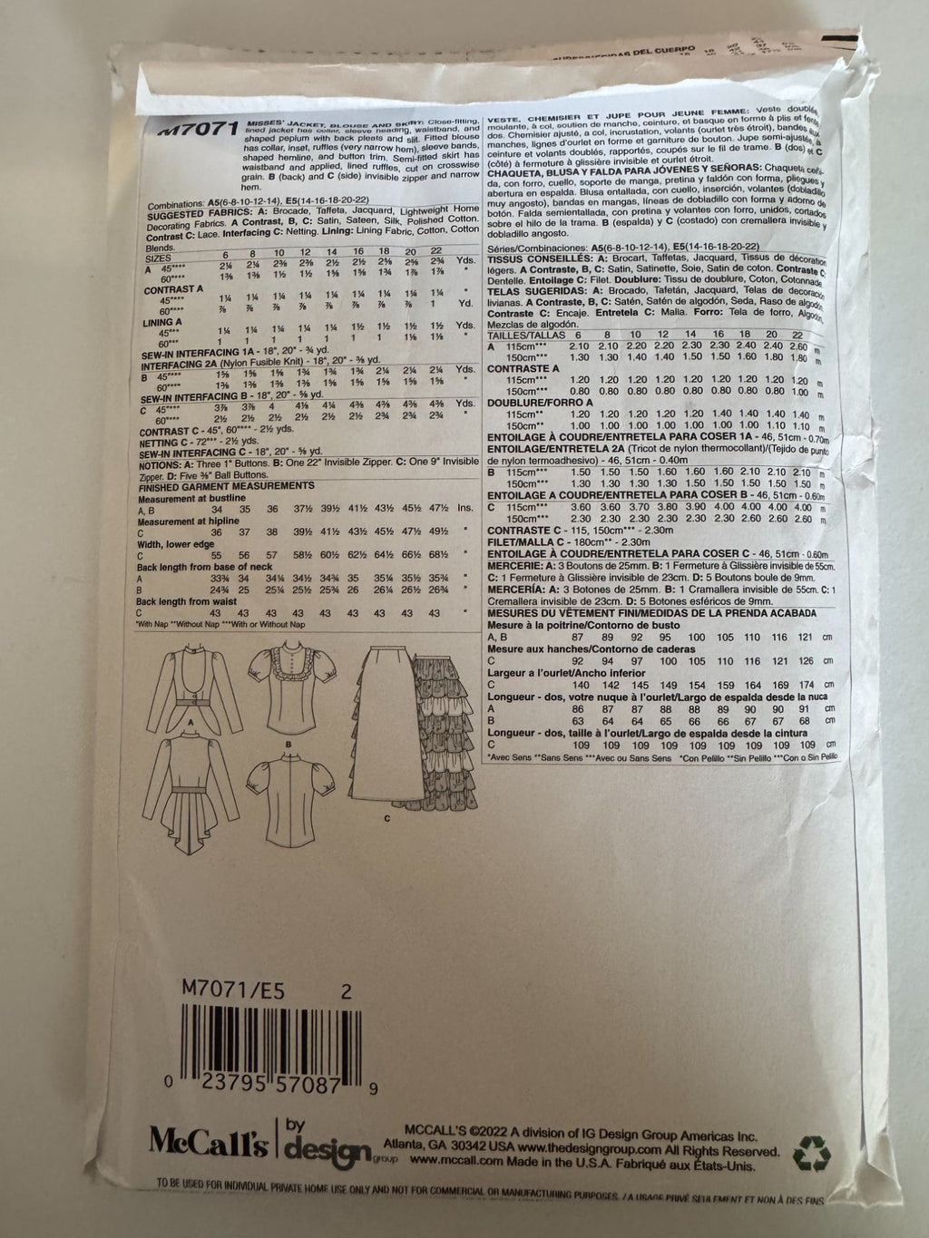 McCalls Sewing Pattern M7071 Victorian Costume Jacket Blouse Skirt 14-22 Ruffles