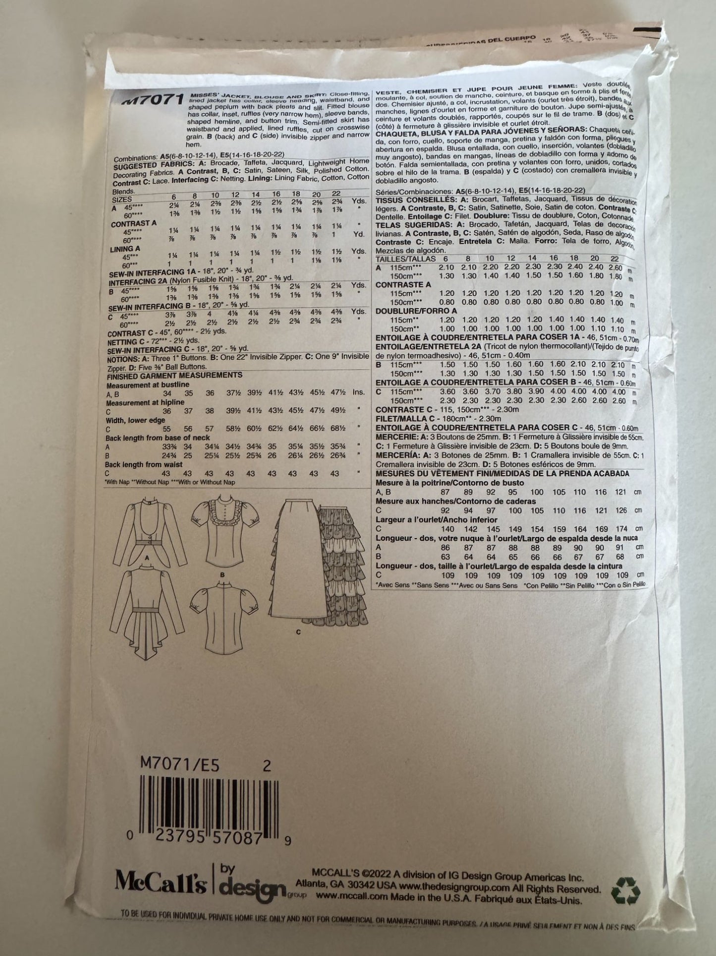McCalls Sewing Pattern M7071 Victorian Costume Jacket Blouse Skirt 14-22 Ruffles