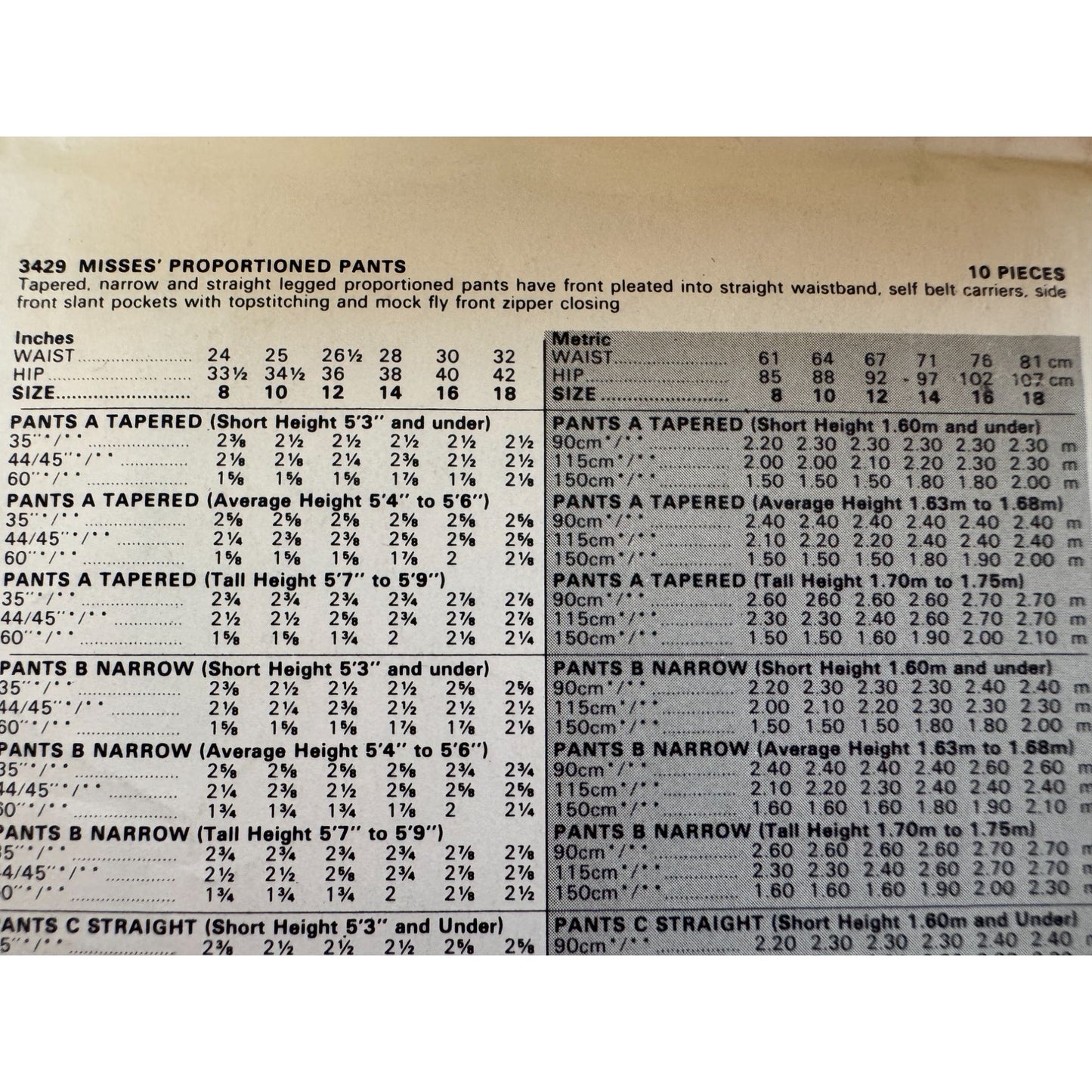 Butterick Sewing Pattern 3429 Womens Tailored Pants Size 10 Career Wardrobe