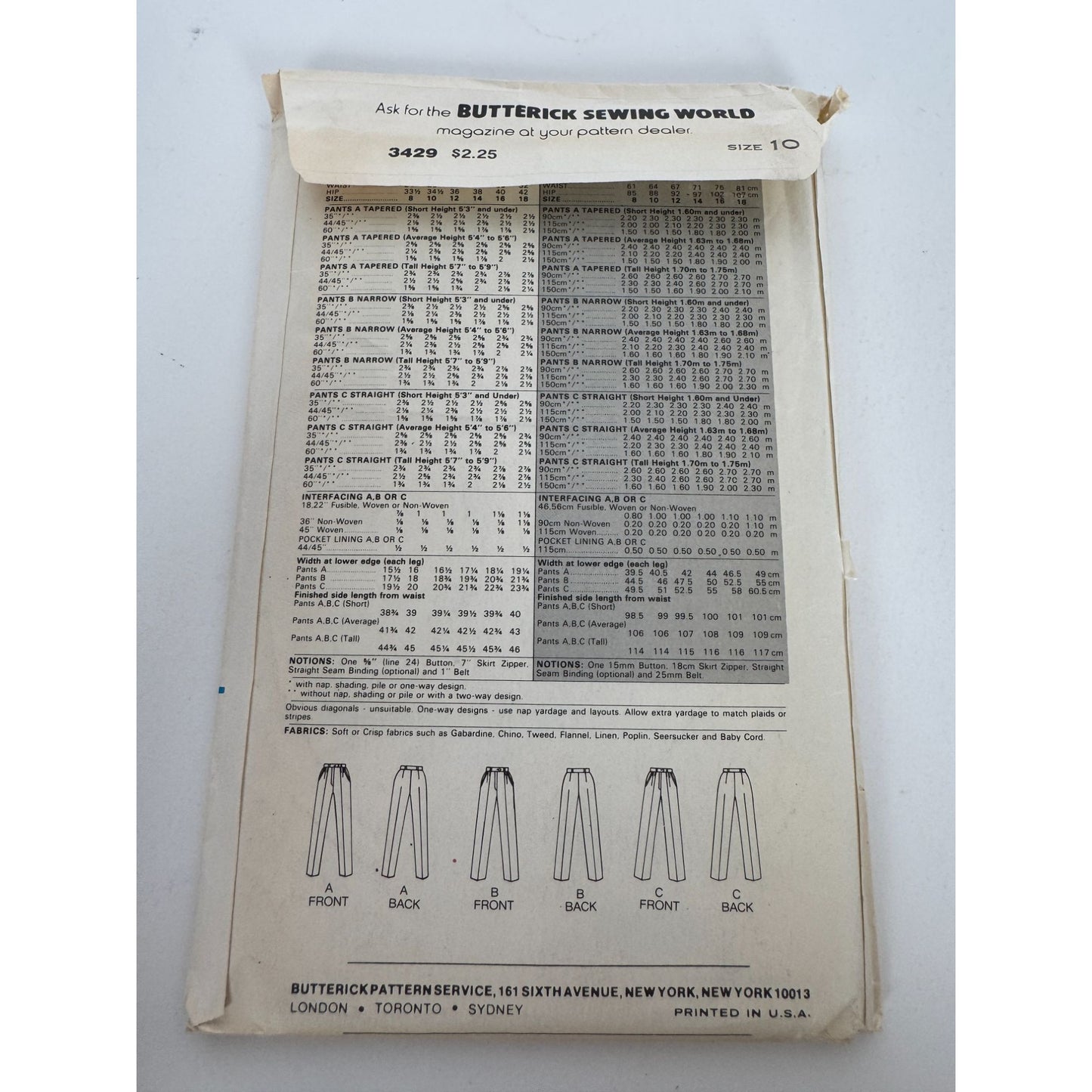 Butterick Sewing Pattern 3429 Womens Tailored Pants Size 10 Career Wardrobe