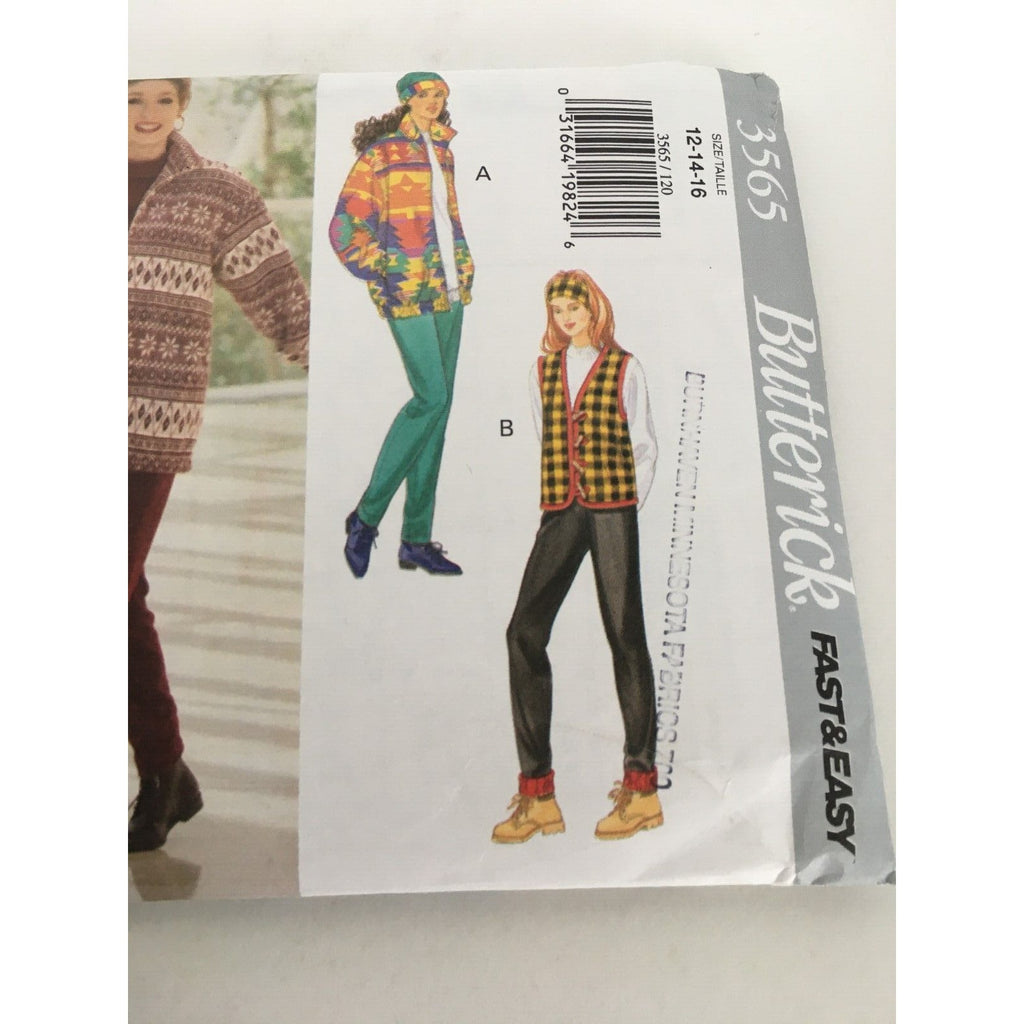 Butterick Sewing Pattern 3565 Misses Jacket Vest Top Pants Hat Headband 12-16 UC
