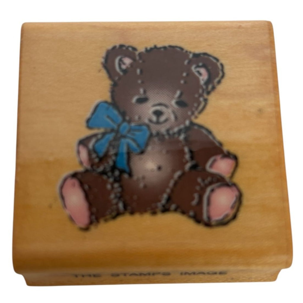 Comotion Wood Mounted Rubber Stamp Teddy Bear with Bow Toy Christmas 124 Vintage