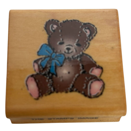 Comotion Wood Mounted Rubber Stamp Teddy Bear with Bow Toy Christmas 124 Vintage