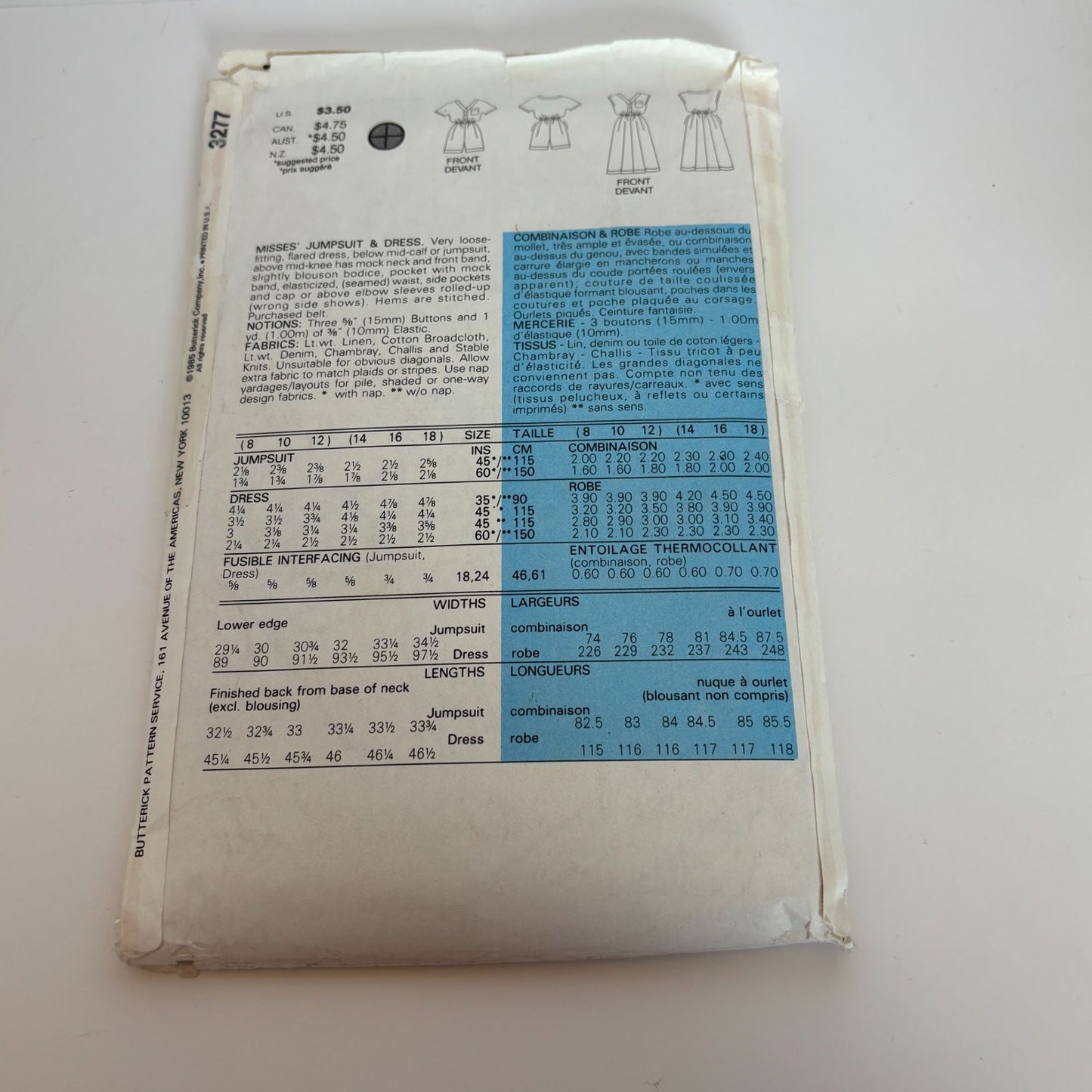 Butterick Sewing Pattern 3277 Misses Jumpsuit and Dress CUT to size 12