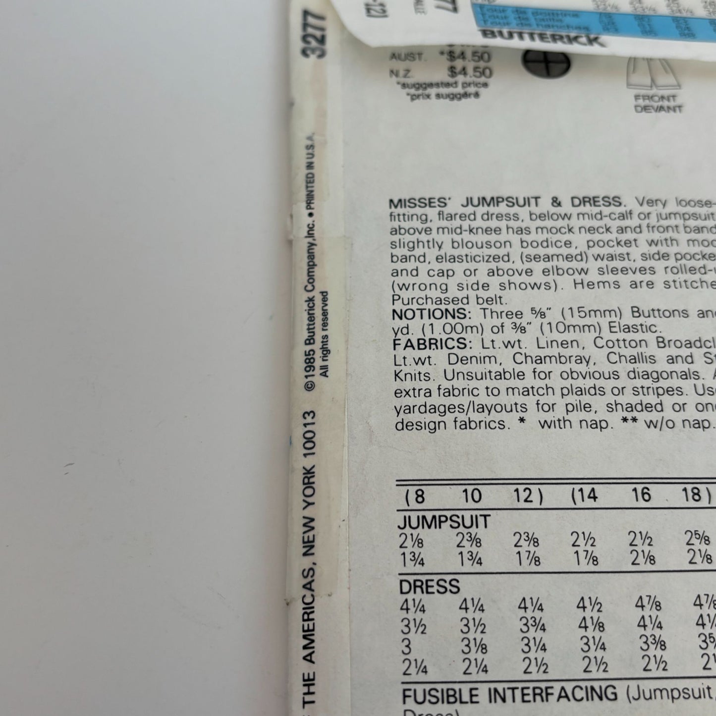 Butterick Sewing Pattern 3277 Misses Jumpsuit and Dress CUT to size 12