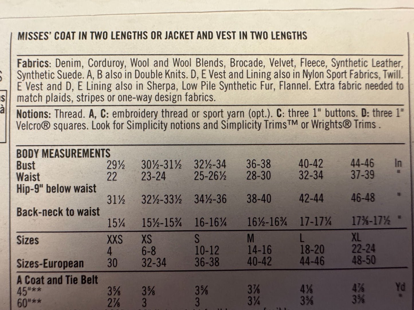 Simplicity Sewing Pattern 5855 Misses Coat Jacket Vest Winter Easy 14-24 M L XL