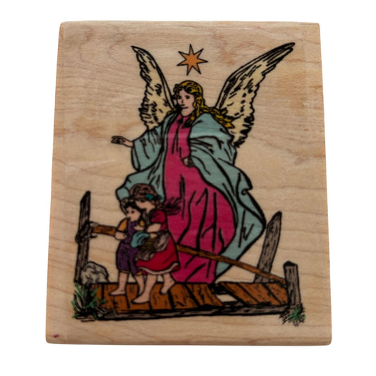 Guardian Angel Wooden Rubber Stamp Kids on Bridge Catholic Religious Christian