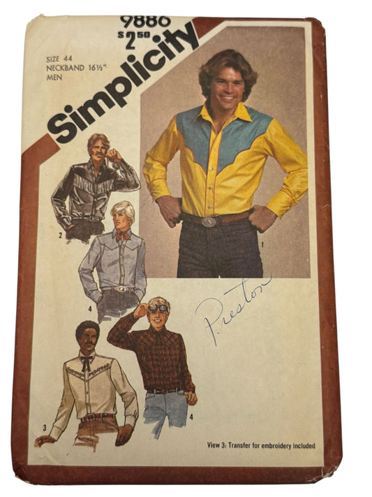 Simplicity Sewing Pattern 9886 Western Shirt Scarf Tie 1980 80s Mens Size 44 UC