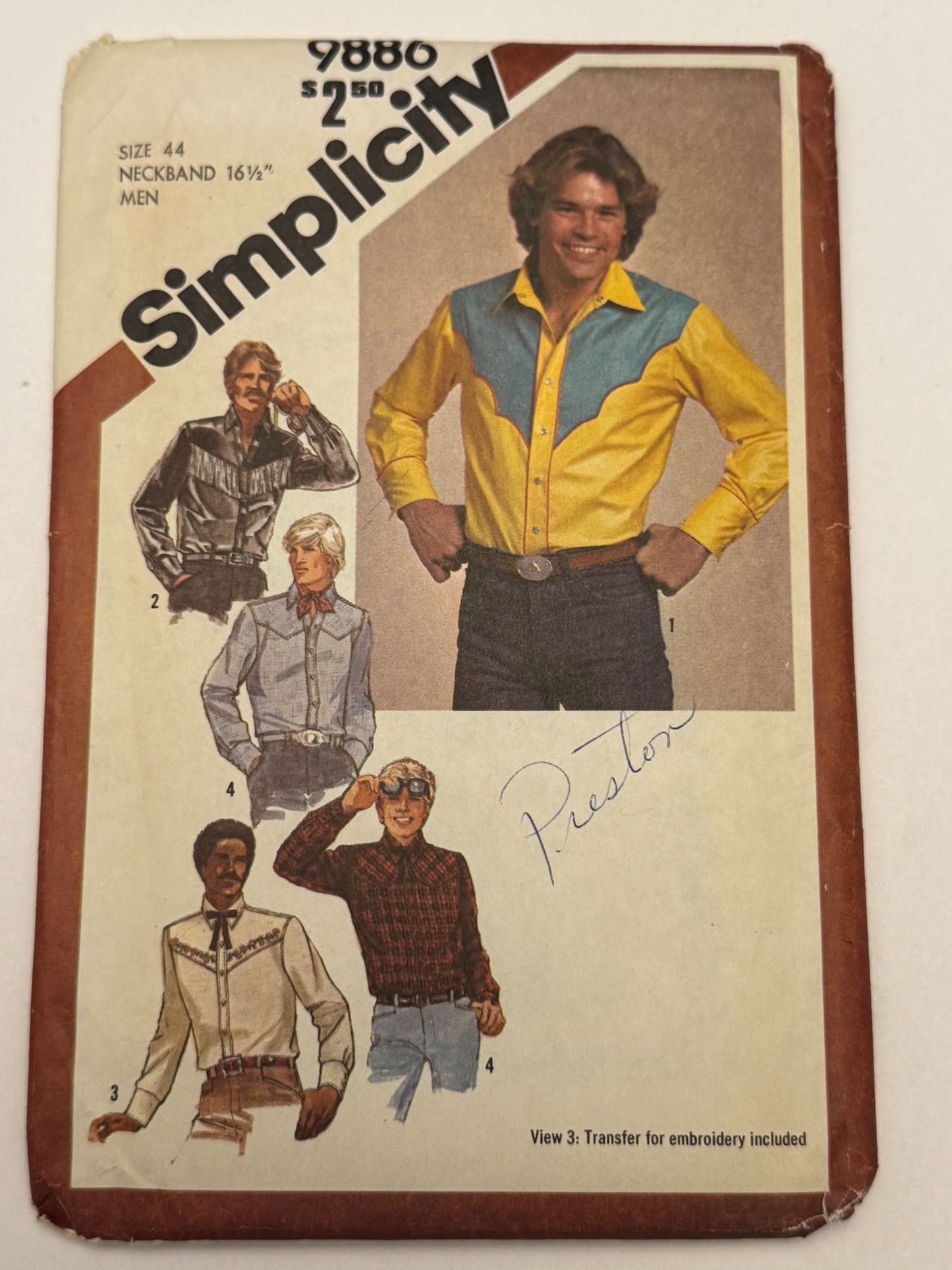 Simplicity Sewing Pattern 9886 Western Shirt Scarf Tie 1980 80s Mens Size 44 UC