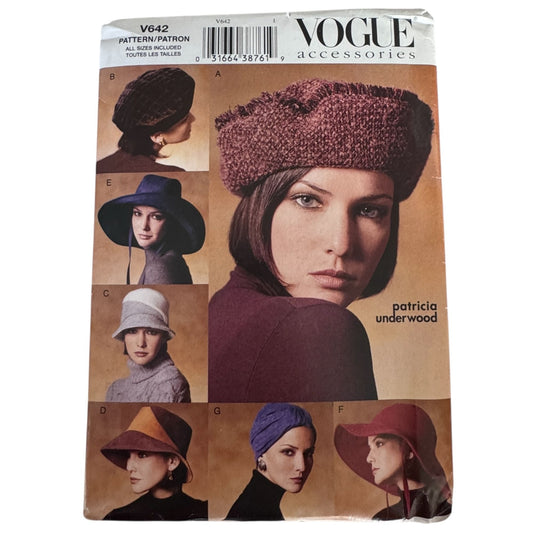 Vogue Sewing Pattern V642 Hats Beret Cloche Wide Brim Bucket Hat Millinery Uncut